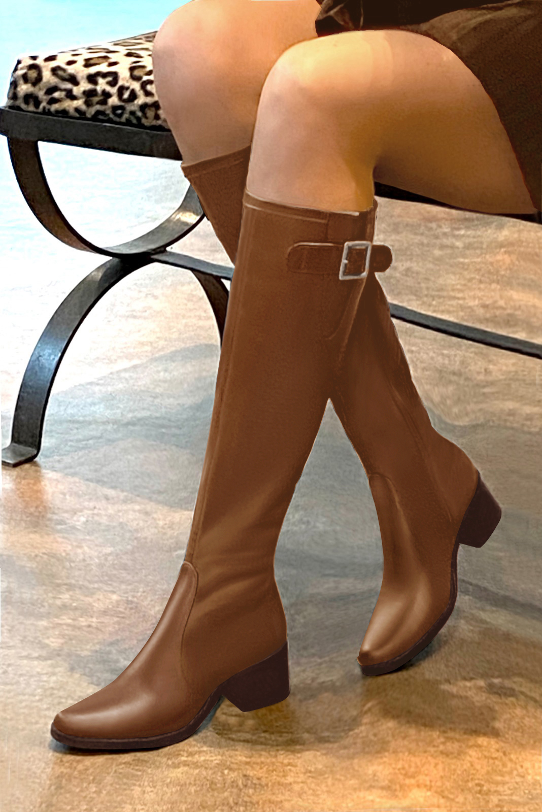 Caramel brown women's knee-high boots with buckles. Round toe. Low leather soles. Made to measure. Worn view - Florence KOOIJMAN